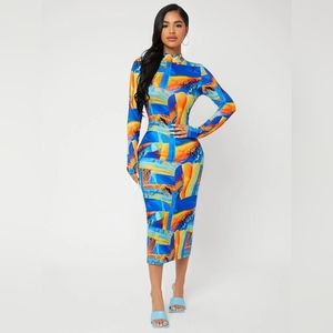 Color Block Leopard Mock Neck Split Back Bodycon Dress